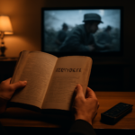 Buku sejarah dan remote control di meja dengan film perang berhenti di layar televisi