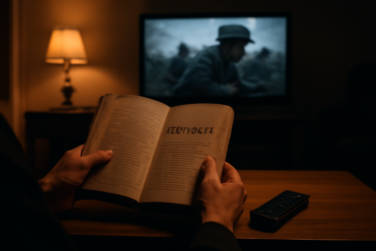 Buku sejarah dan remote control di meja dengan film perang berhenti di layar televisi