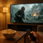 Seseorang memilih film perang di televisi ruang tamu dengan popcorn