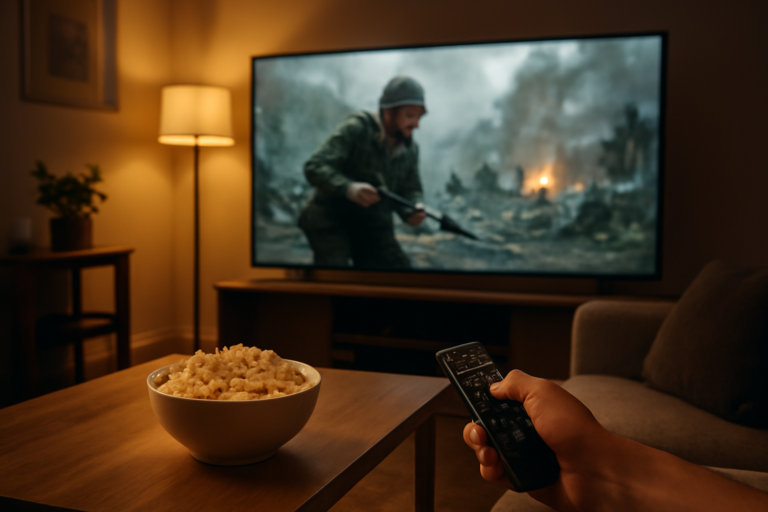 Seseorang memilih film perang di televisi ruang tamu dengan popcorn
