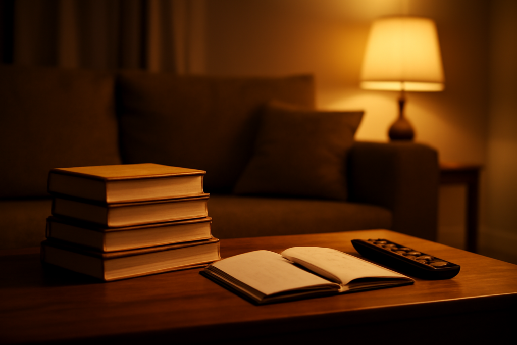 Ruang tamu dengan tumpukan buku sejarah dan catatan di meja, tempat menonton film sejarah perang