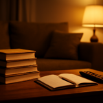 Ruang tamu dengan tumpukan buku sejarah dan catatan di meja, tempat menonton film sejarah perang