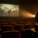Ruang bioskop lawas dengan layar yang menampilkan adegan film perang hitam putih