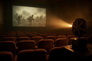 Ruang bioskop lawas dengan layar yang menampilkan adegan film perang hitam putih