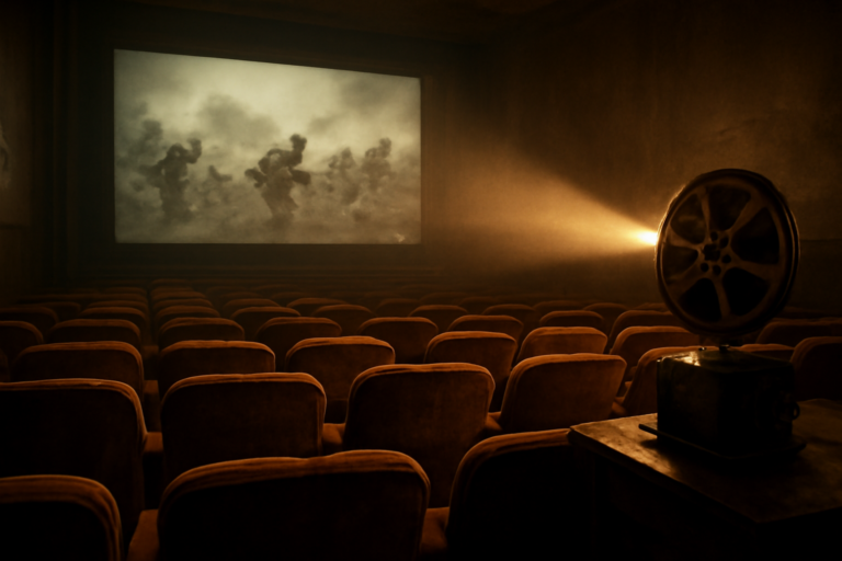 Ruang bioskop lawas dengan layar yang menampilkan adegan film perang hitam putih