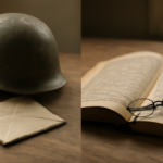 Meja kayu dengan helm tentara dan buku sejarah terbuka, ilustrasi perbandingan film drama perang dan film sejarah