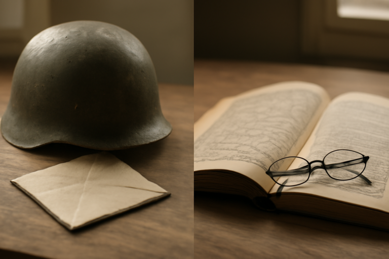 Meja kayu dengan helm tentara dan buku sejarah terbuka, ilustrasi perbandingan film drama perang dan film sejarah