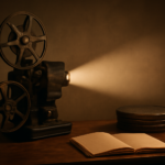 Proyektor film vintage dan gulungan film perang di atas meja kayu