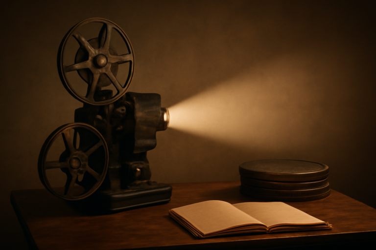 Proyektor film vintage dan gulungan film perang di atas meja kayu