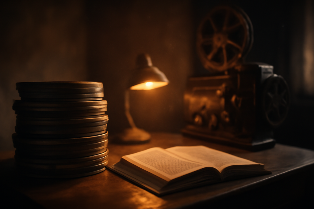 Ruangan proyektor dengan gulungan film dan buku sejarah terbuka
