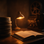 Ruangan proyektor dengan gulungan film dan buku sejarah terbuka