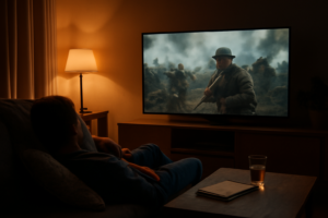 Suasana menonton film drama perang di ruang tamu dengan lampu hangat