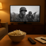 Suasana menonton film perang di ruang tamu dengan camilan dan catatan
