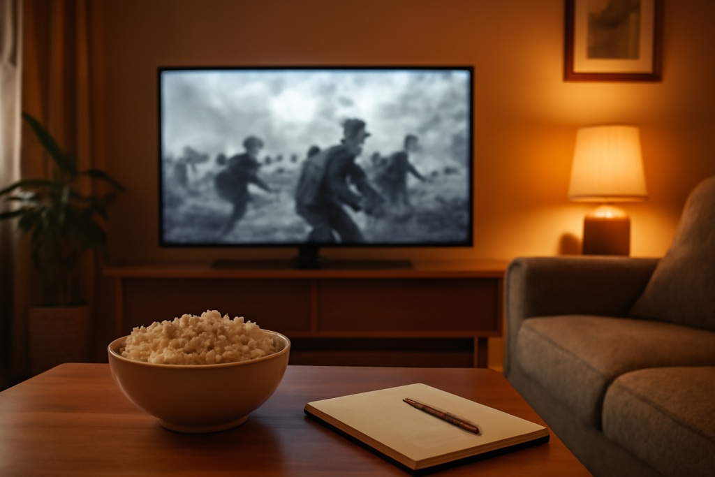 Suasana menonton film sejarah perang di ruang tamu dengan camilan dan catatan