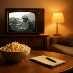 Suasana ruang tamu nyaman dengan televisi menayangkan film perang hitam putih dan camilan popcorn