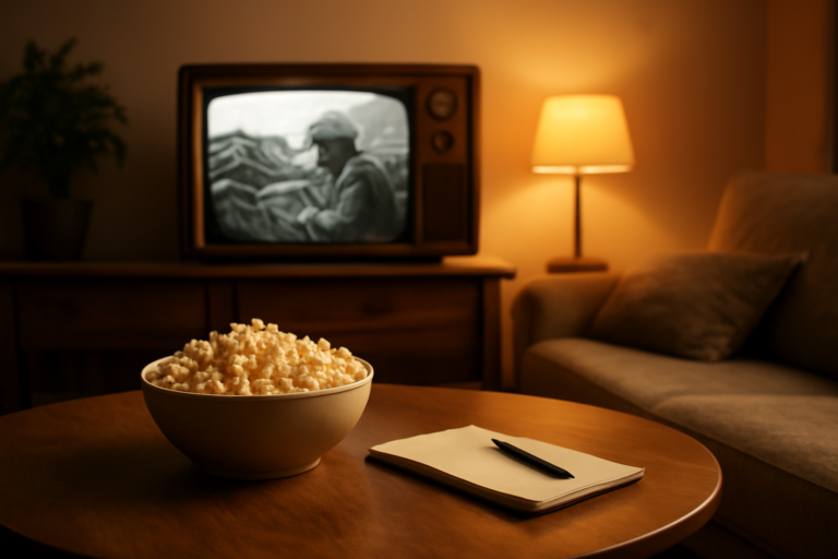 Suasana ruang tamu nyaman dengan televisi menayangkan film perang hitam putih dan camilan popcorn
